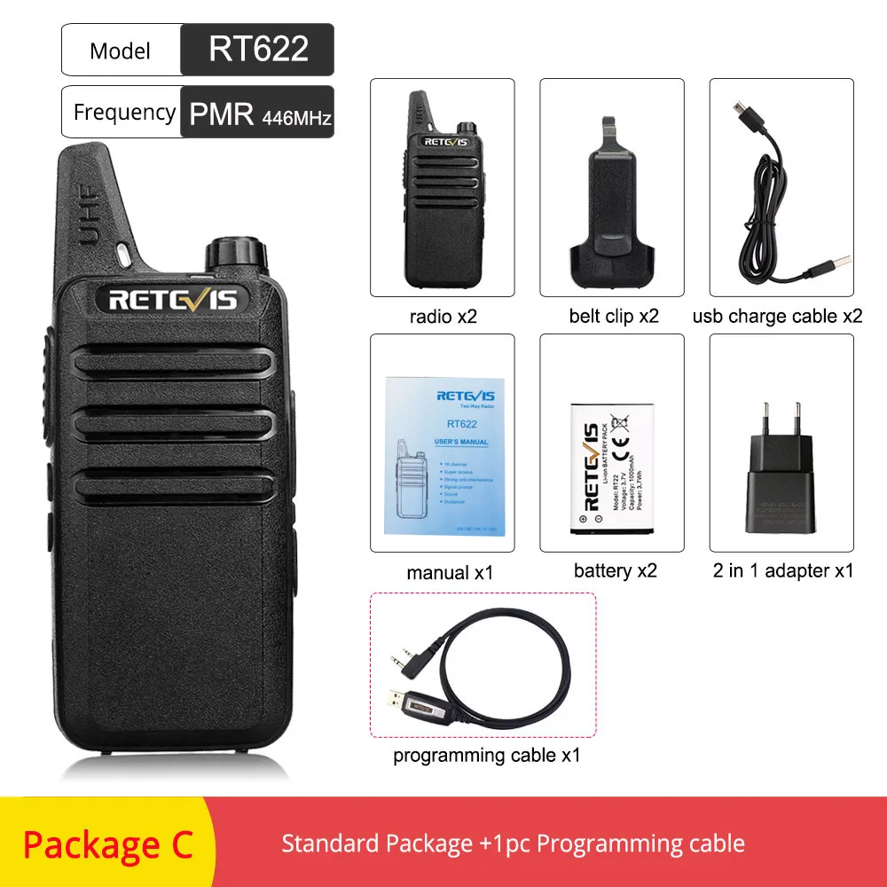 PMR RT622-Package C 2 шт. Retevis RT622 RT22 мини рация PMR радио PMR446 FRS UHF двухстороннее радио портативный VOX usb зарядка портативный приемопередатчик - Цвет: PMR RT622-Package C