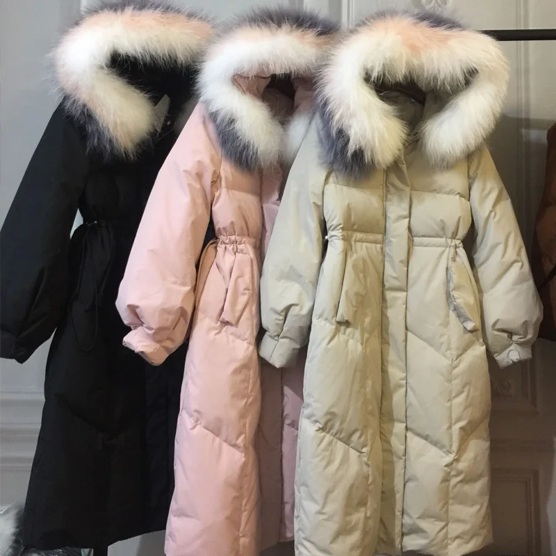 Зимний пуховик длинный для женщин зимняя куртка Брендовое пальто из натурального меха енота Женская длинная парка женский пуховик