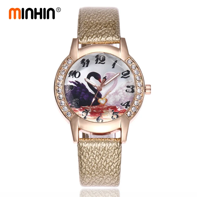 MINHIN Новый Дизайн Творческий Watch Double Лебедь Романтический Для женщин Кварцевые наручные часы кожа горный хрусталь часы подарок ко Дню