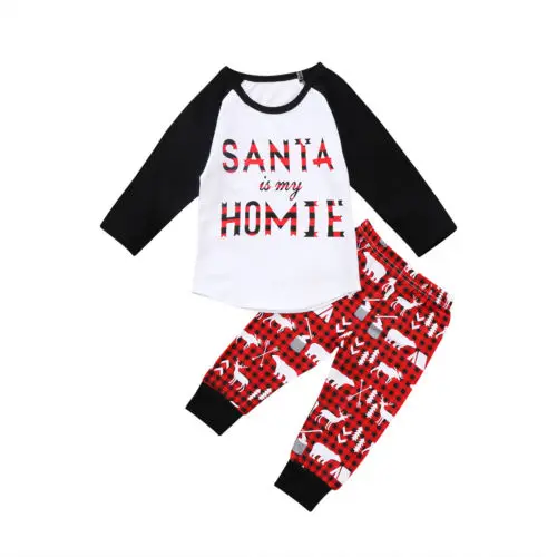 Рождественский костюм для маленьких мальчиков и девочек в клетку в стиле пэчворк Одежда Футболка Топ и штаны комплект одежды