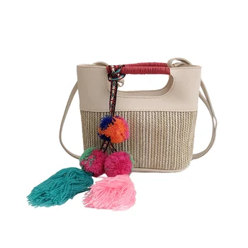 

Summer Hot Women Tassel Handbag INS Popular Female Pompom Straw Bags Holiday Beach Ladies Shoulder Bag Panelled Crossbody SS3347