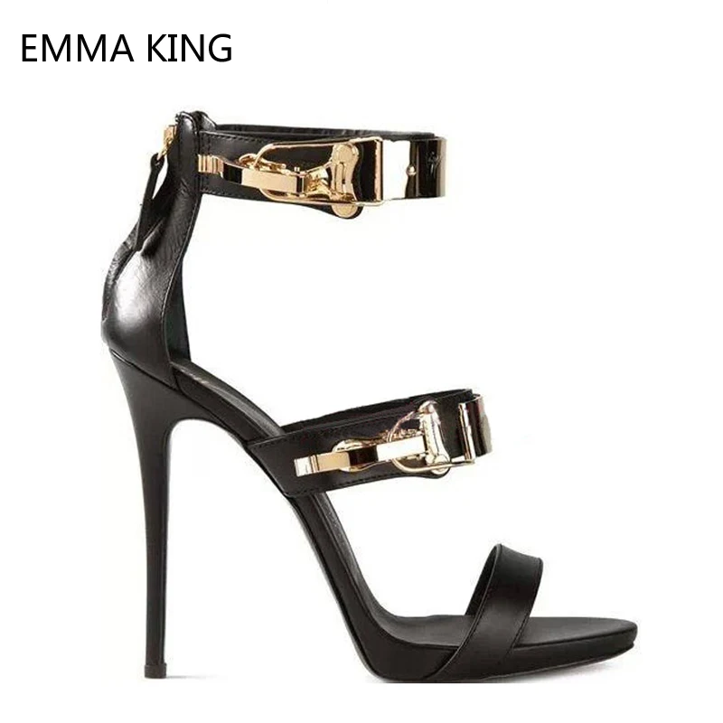 

2019 Summer Gladiator Sandals Metal Buckle Decorated Fashion Leather Women's Shoes Thin High Heel Party Sexy Sandals Female
