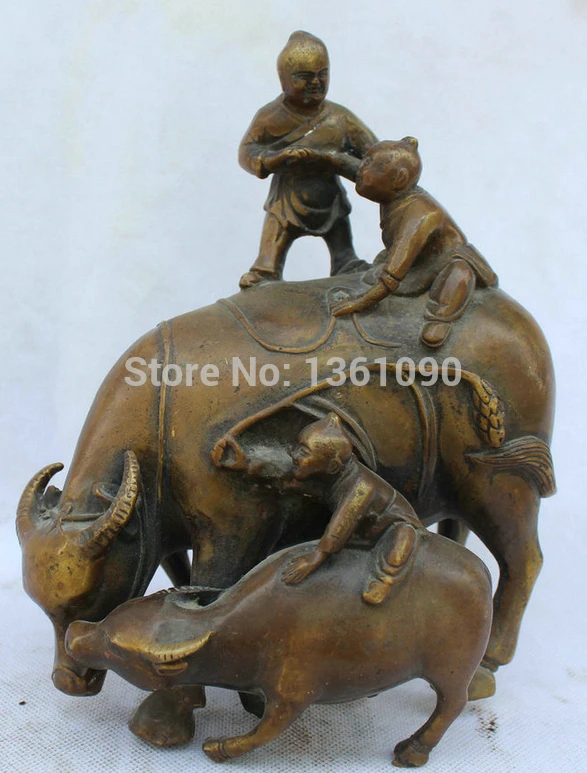

xd 00645 8" China Feng Shui Copper Zodiac Year Bull Oxen Mother Son Boy Statue Sculpture