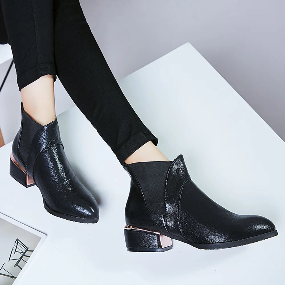

women's boots autumn winter Sequined Ankle Boots Square High Heel Shoes Wild Retro Short Women's leather boots Office Lady