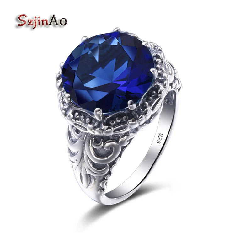 

Szjinao Korea Round Sapphire Ring Handmade Rhinestones Patterns 925 Sterling Silver Wedding Rings For Women Rock Communion Gifts