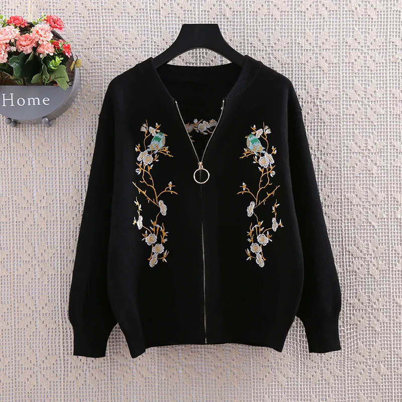 Autumn Winter Luxury Runway Fashion Knitted Sweaters Cardigans Long Sleeve Bird Flowers Embroidered Casual Zipper Tops |