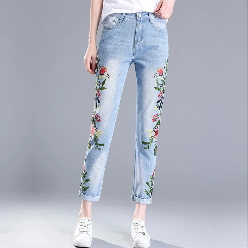 2017 Zomer Nieuwe Vrouwen Mode Bloemen Geborduurde Jeans Vintage Blue Denim Potlood Harembroek Big Size 2XL L580|embroidered jeans| jeans ladypants big size - AliExpress