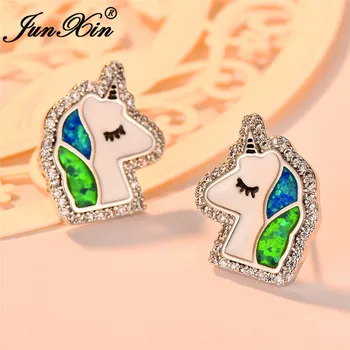 

JUNXIN Cute Unicorn Horse Head Stud Earrings For Women Silver Color White CZ Blue Green Fire Opal Earrings Female