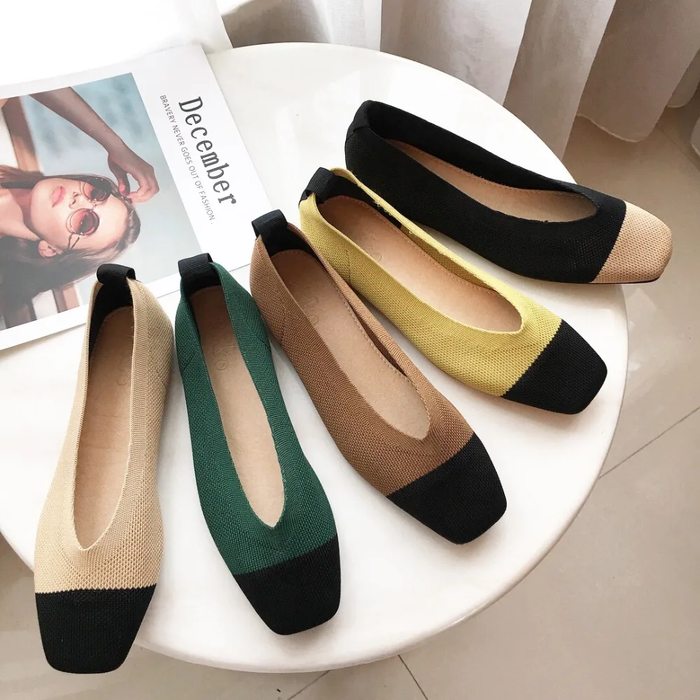 

2018 autumn new fashion simple color matching flat shoes women soft and comfortable knitted upper retro wild casual shoes.