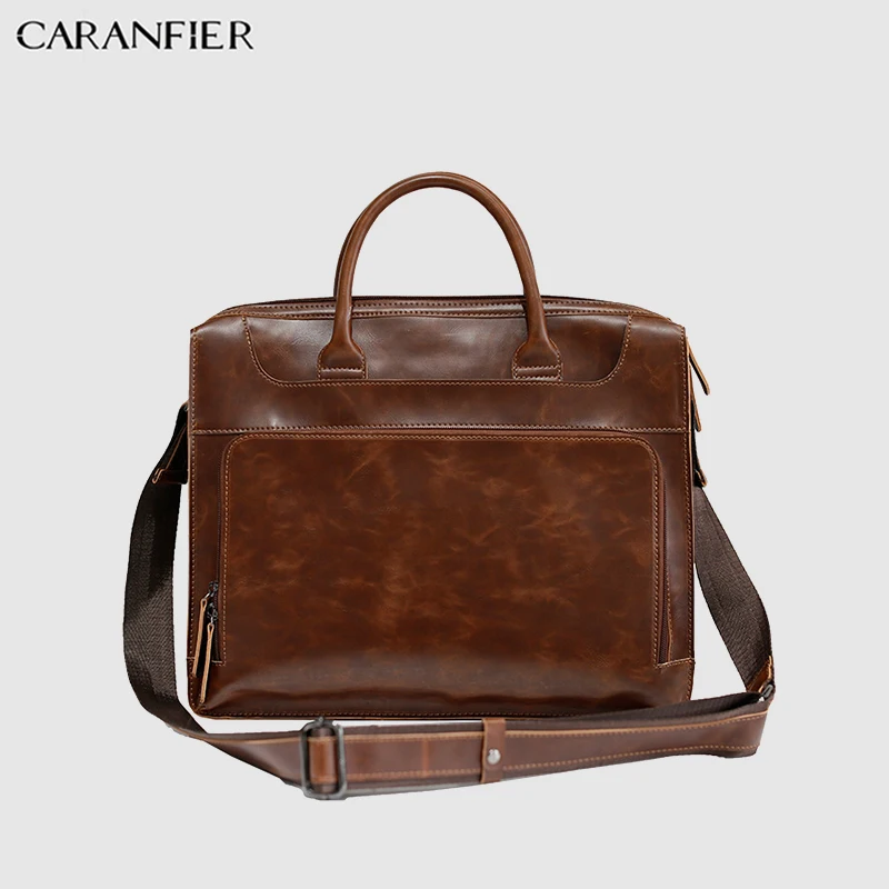 

CARANFIER Mens Briefcase Travel Shoulder Pack PU Leather Leisure Large Capacity Laptop Bags Business Luxury Crazy Horse Handbags
