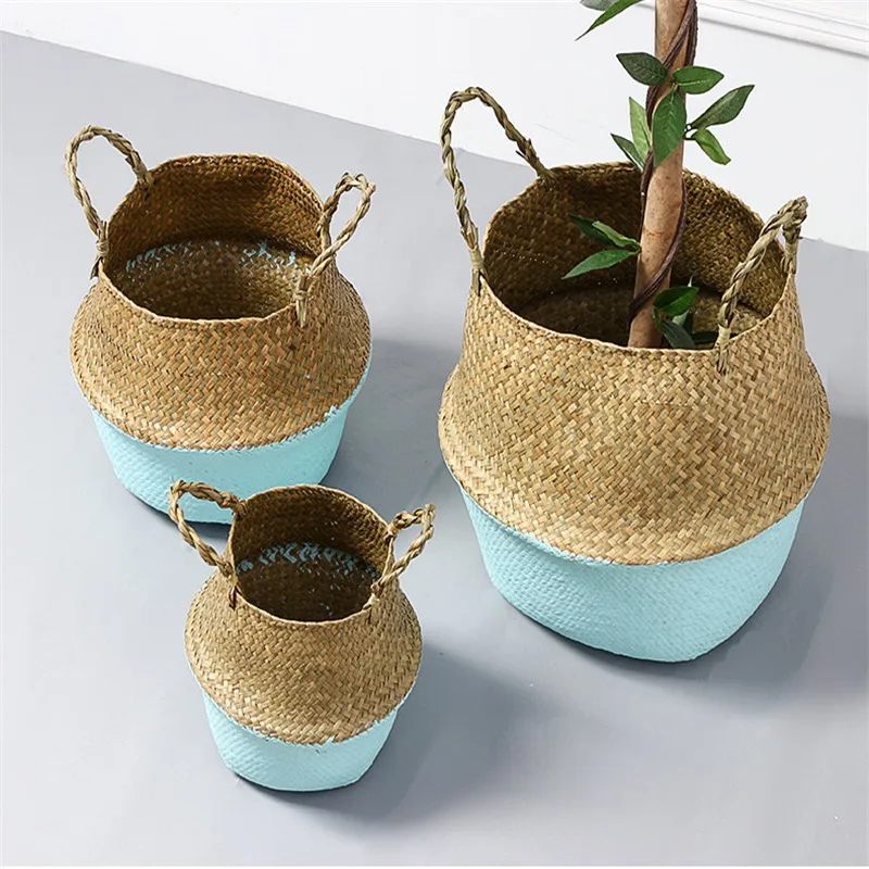 WHISM Seagrass Belly Flower Basket Hit Color Storage Bag Organizer Wicker Plant Pot Home Decor Vase Pots Rattan Nursery Pot