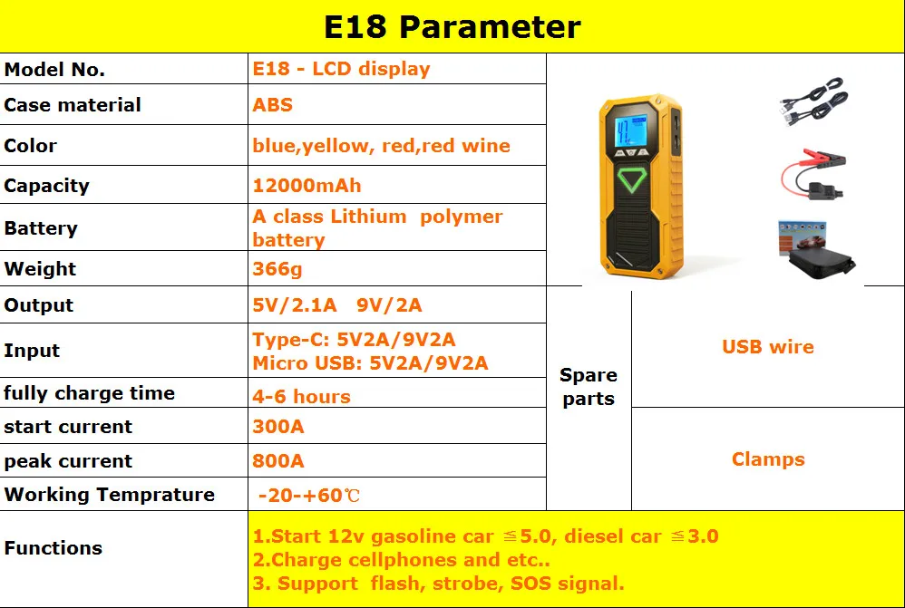 Высокая мощность E18 автомобильный прыжок стартер 12000 мАч power Bank 800A портативный автомобильный аккумулятор бустер зарядное устройство 12 В пусковое устройство для автомобиля грузовика