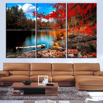 

Canvas Painting Red Lake Tree Landscape Quadros Decoration Oil Picture Scenery Wall Art Picture for Living Room No Frame 3 Piece