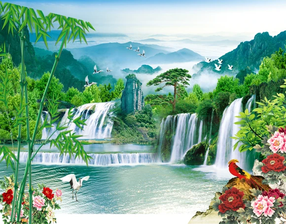 Yeuss Rideau de Douche Waterfall Decor de Heaven,comme Le Paysage dune Cascade thaïlandaise avec des Arbres Exotiques,Ensemble de décoration de Salle de Bain en Tissu avec Crochets,Vert et Bleu