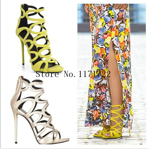 

Sandalias Mujer Fashion Yellow Suede Circular Cutout Sandals Women Summer Ankle Boots Famale Link-Strap Summer Dress Shoes