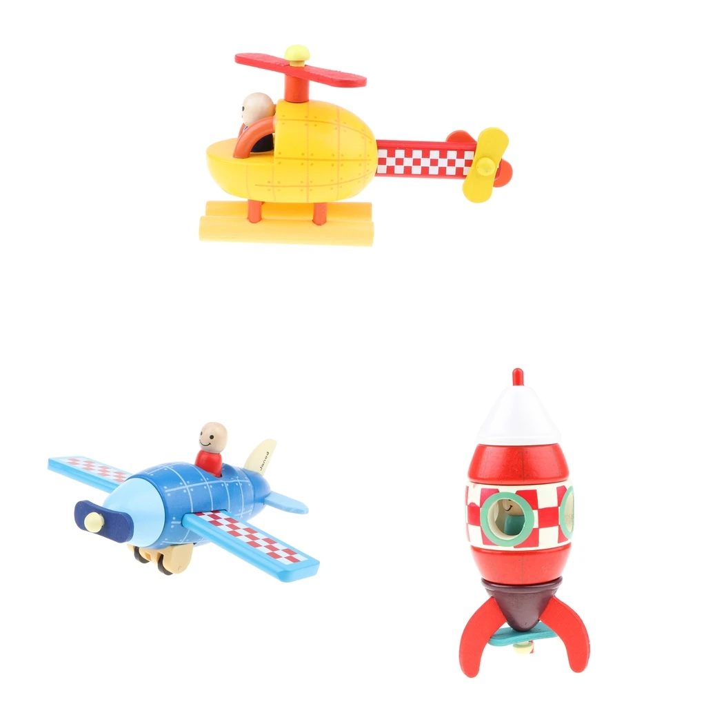 3Pcs DIY Wooden Toys Assembled Magnetic Aircraft Model for Kids Toddlers Educational Toy Gift, Plane, Rocket, Helicopter