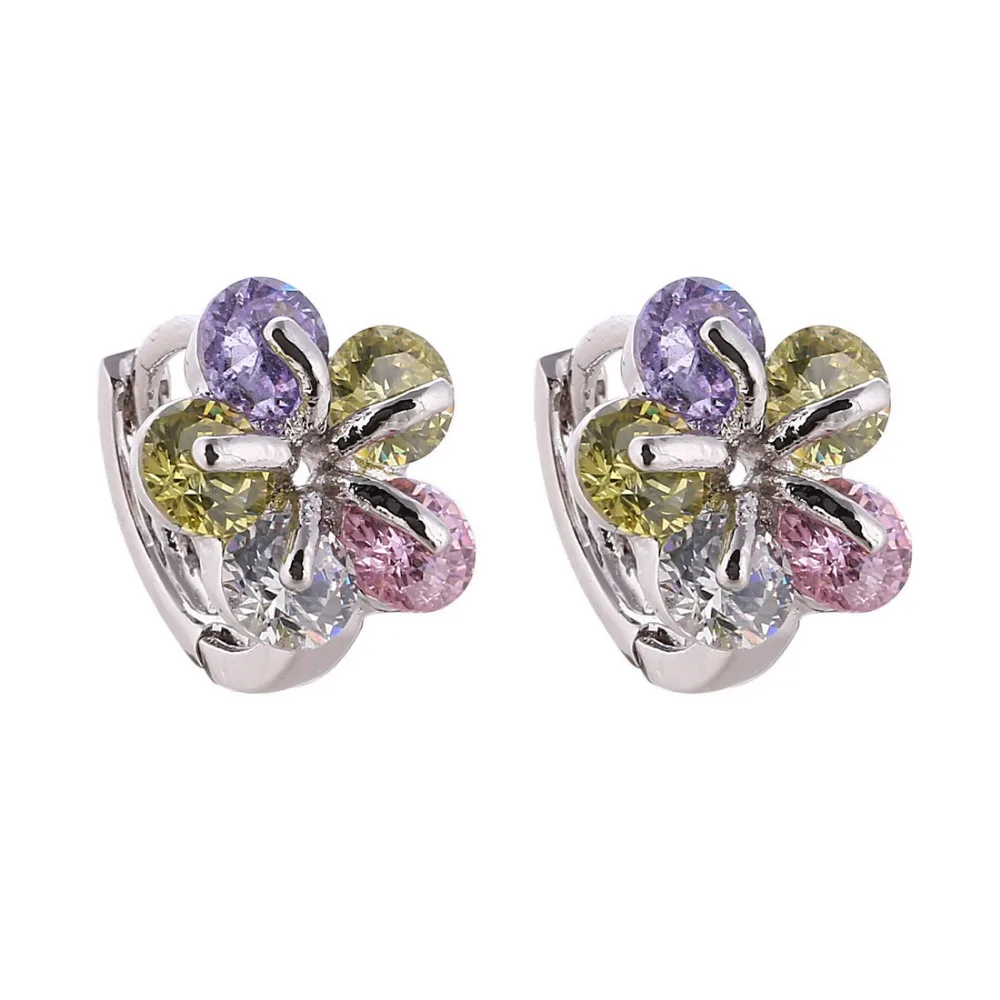 

Free Shipping New Top Sale Colorful Flower Earrings Silver Plated Cubic Zircon Hoop Earrings for Women Bijoux Brinco