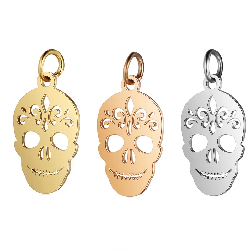 

Rose Gold 5pcs/lot Stainless Steel Skull Pendant Charms with Hook for DIY Necklace Findings Crafts Halloween Jewelry Making
