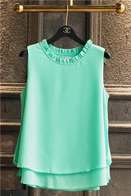 Летняя Новинка, модная двухслойная женская шифоновая блузка с гофрированным воротником, свободные шифоновые рубашки без рукавов - Цвет: light green