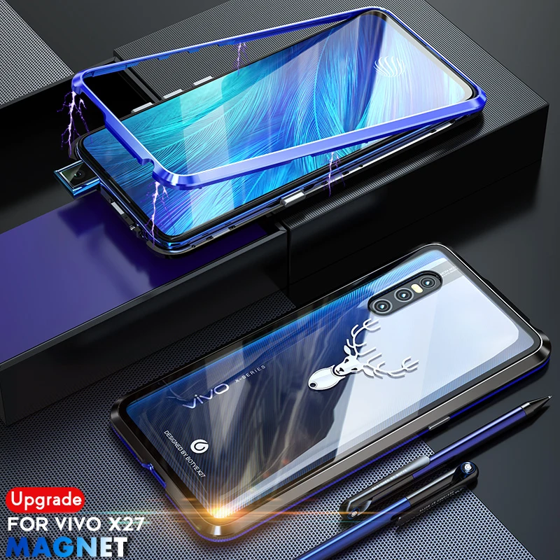 ADKO Luxury Adsorption Magnet Cases for Vivo X27 Metal Case Cover Clear Tempered Glass &amp Aluminum Bumper For Pro |