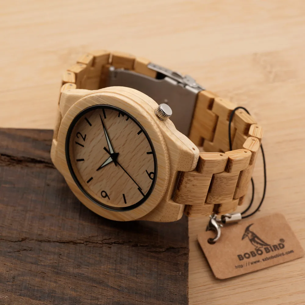 BOBO BIRD V-D27 Mens Bamboo Wristwatch Japan Movement Quartz Watch Original Bamboo Band Folding Clasp with Safety Clock