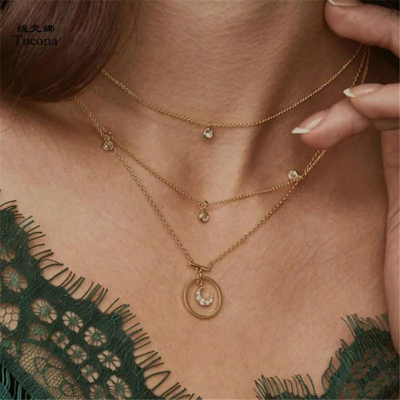 

Tocona Bohemian Antique Gold Circle Moon Rhinestone Pendant Chokers Necklaces Multi Layer Necklace Collar for Women Jewelry 3294