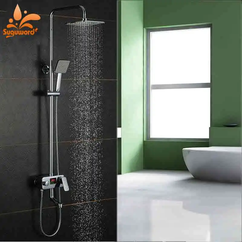 

Suguword Chrome Shower Combo Set ABS Shower Head and Hand Shower Didital Temp Display Hot and Cold Switch