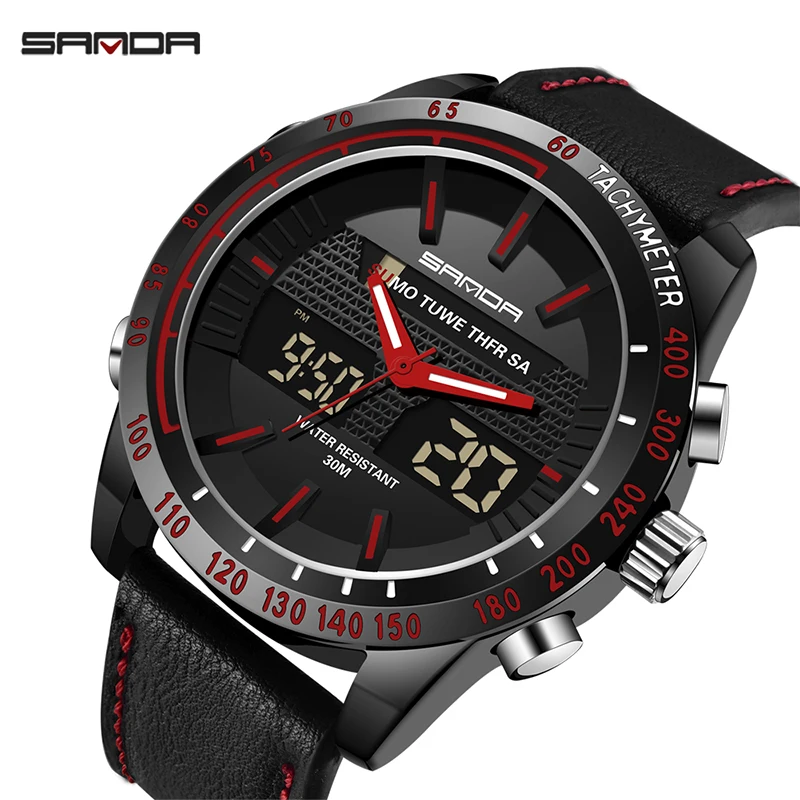 

SANDA Sports Mens Watches To Luxury Brand Waterproof Leather Watches Men Military LED Digital Quartz Watch Relogio Masculino 774