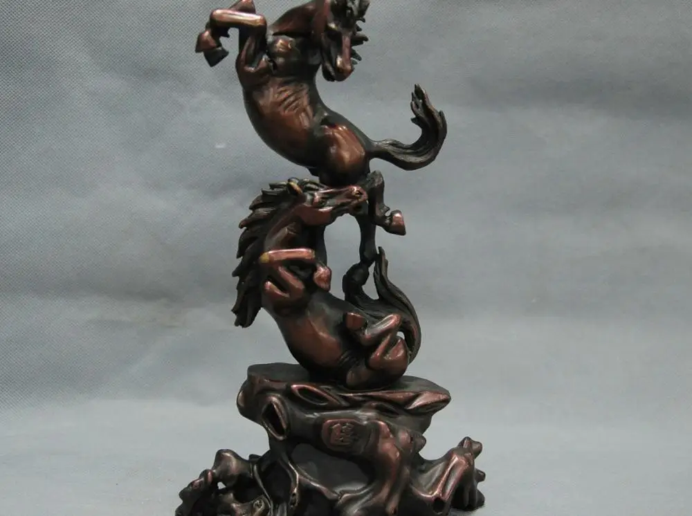 

10'' China Folk Zodiac Two Horse Fighting Bronze Statue