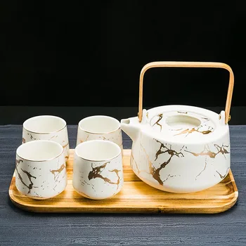 

Japanese Style Ceramic Tea Set Four Cup with One Pot Wood Tray Kit / Coffee Milk Pots Water Kettle Water Cups Drinkware Teaware