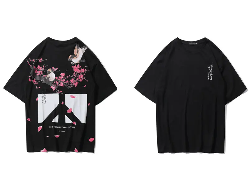 GONTHWID китайские цветы птицы анти войны печати футболки уличная мужские хип хоп повседневные футболки с коротким рукавом топы мужская мода