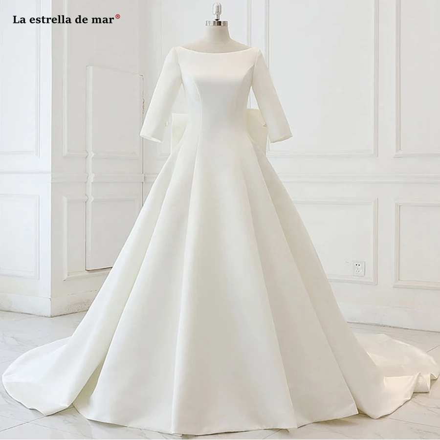 Robe de mariee2019 с вырезом "лодочка" атласное с короткими рукавами трапеция цвета слоновой кости торжественное платье длинное настоящая фотография vestido de novia высокое качество покупателей