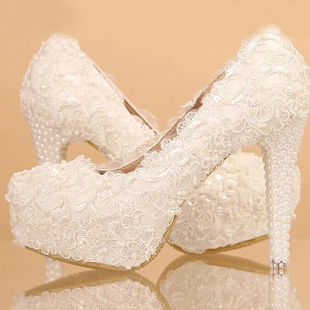 Newest White Beautiful Vogue Lace Flowers Pearl High Heels Wedding Newest White Beautiful Vogue Lace Flowers Pearl High Heels Wedding Bridal Shoes Comfortable Bridesmaid