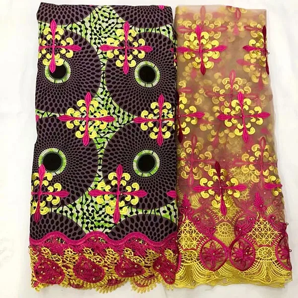 

New arrivals embroidery african ankara lace fabric wholesale polyester super wax hollandais Guipure lace 6 yard+2 yard net lace