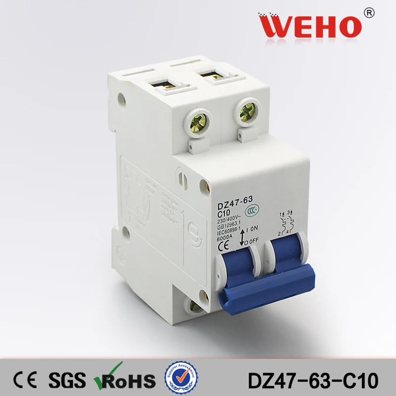 

DZ47-63-C10 MCB Breaker 2P 10A Miniature Circuit Breaker IP20
