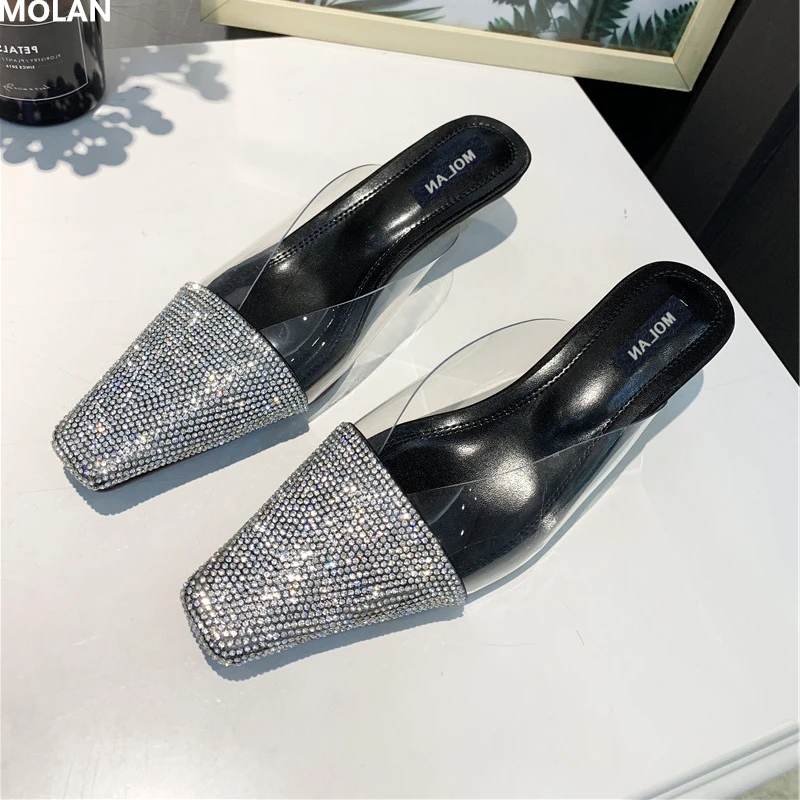 

MOLAN Brand Designers 2019 Spring Sexy Bling Bling Crystal Square Toe Transparent Med Heels Woman Shoes Slip On Lady Pumps Mules