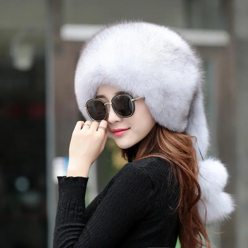 Шапка из лисьего меха, НОВАЯ шапка из лисьего меха, детская зимняя уличная теплая шапка принцессы в национальном стиле - Цвет: Слоновая кость