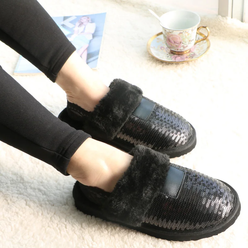 New Winter Black Sequined Women Slippers Fur Warm Plush Female Slides Indoor EVA Flat Slides Home Flip Winter Shoes Slip-on