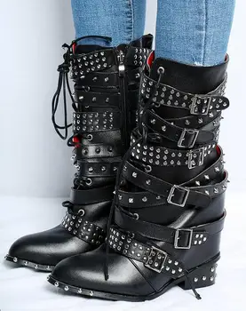 

Punk Style Black Leather Rivets Ridding Boots Women Round Toe Square Heels Lace-up Studded Motorcycle Boots Winter Ankle Boot
