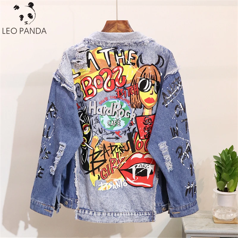 

Autumn New Fashion Graffiti Appliques Hip Hop Jean Jacket Women Washing Material Denim Jackets Unisex Casual Streetwear Clothes
