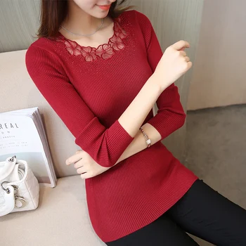 

2017 new winter slim low stretch knitted lace collar shirt jacket sweater dress Knitting render unlined upper garment pullovers