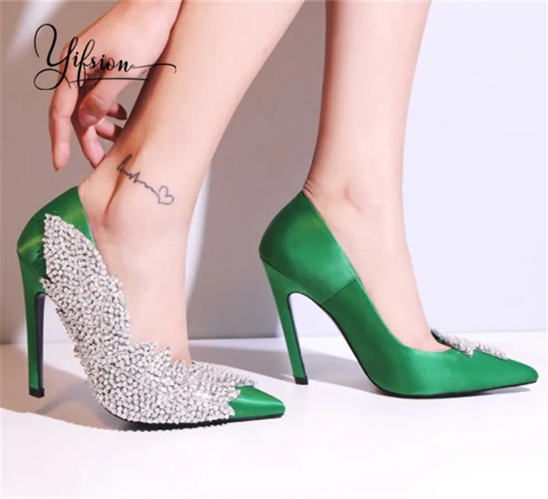 

OLOME New Spring Summer Black Green Women Pumps Sexy Pointed Toe Crystal Slip On Thin High Heel Pumps Party Shoes Woman
