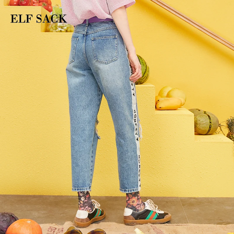 ELFSACK Spring New Oversized Jeans Woman Casual Straight Cotton Women Trousers Mid Waist Light Loose Ladies Plaid Pants