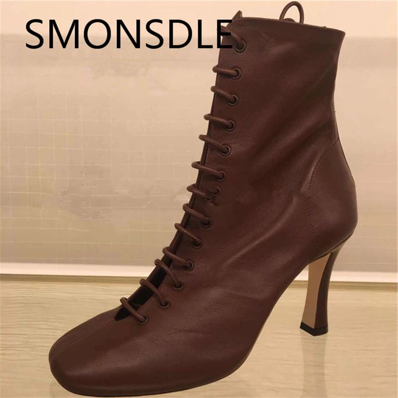 

2018 New Fashion Spring Autumn Genuine Leather Women Ankle Boots Square Toe Lace Up Back Zipper Thin High Heels Women Shoes