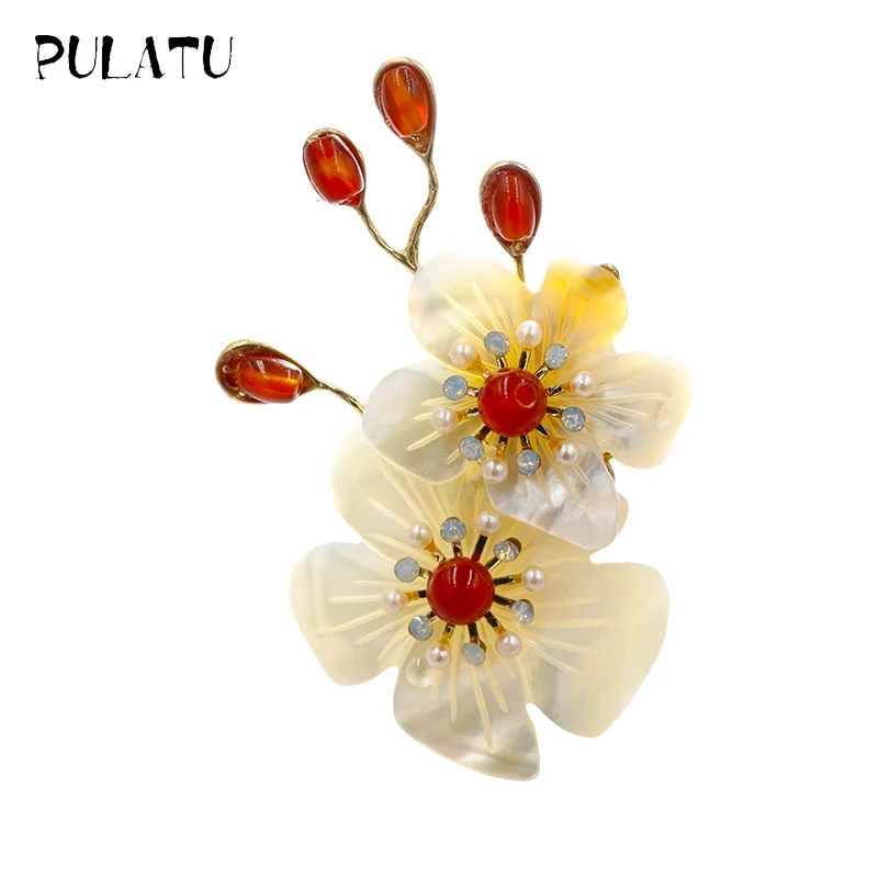 

Pulatu Natural Flower Brooches Shell Inlay Handmade Nice Brooch Pins 66.5*43mm Women Brooches Fashion Jewelry Flower Brooch