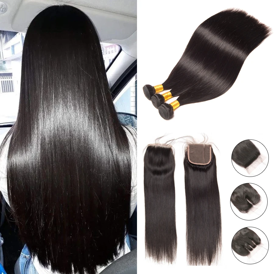 preço RXY Brasileira Do Cabelo Weave Bundles Com Fechamento 3 pcs Reta Pacotes Com Fecho de Cabelo Humano Pacotes Com Fecho de Cabelo Não remy