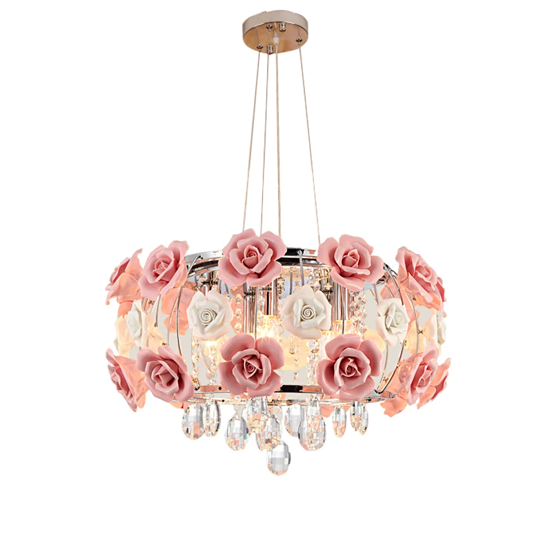 Ceramic Chandelier Ceiling Light Pink Rose Flower Crystal Pendant Lamp Fixtures 