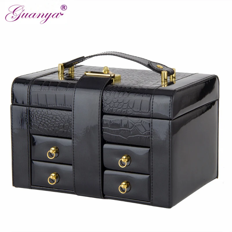 

Guanya 5 color Newest Large Leather Makeup Case Travel portable Jewelry Storage Box Earring Ring Necklace Organizer Wedding Gift
