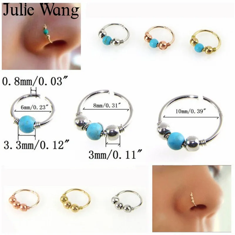 

Julie Wang 1PCS Copper 6mm/8mm/10mm 3 Colors Round Beads Nose Rings & Studs Nostril Hoop Body Piercing Hiphop Rock Jewelry
