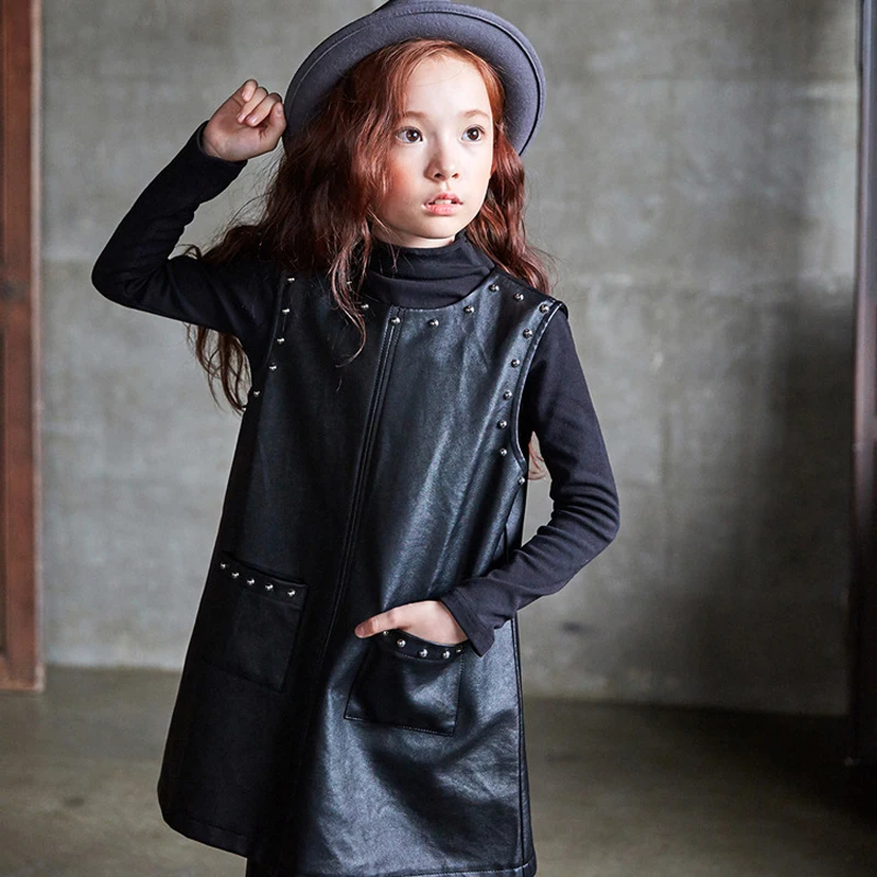 2016 New Girl Dress New Cortex Black Leather Rivet Sleeveless Dress For